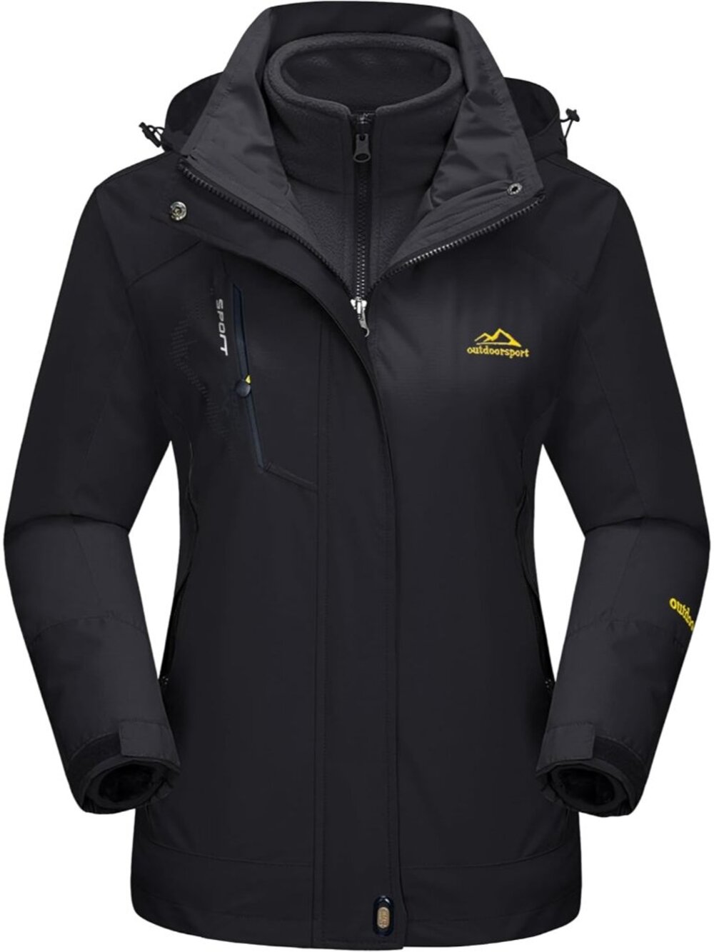 Women's Pure Black Notch Collar Adjustable Hood Zipper Pocket Snow Ski Jacket